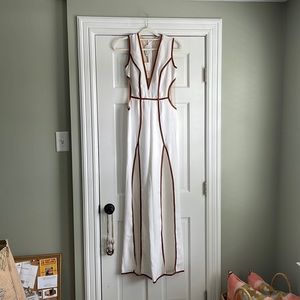 Kathy Heyndels NWT jumpsuit with leather trim and sheer panel cutouts